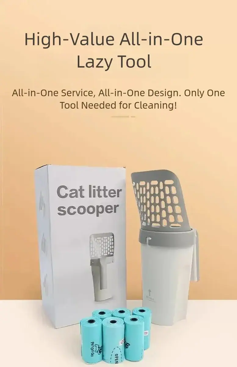 Multi-purpose cat litter scooper with waste bin and blue waste bags, designed for easy cleaning and convenience.