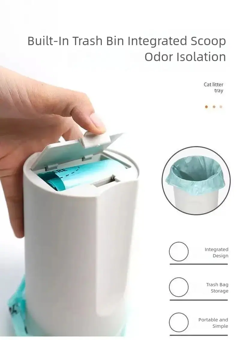 Compact built-in trash bin with integrated scoop and odor isolation, featuring a cat litter tray and portable, simple design for easy waste management.