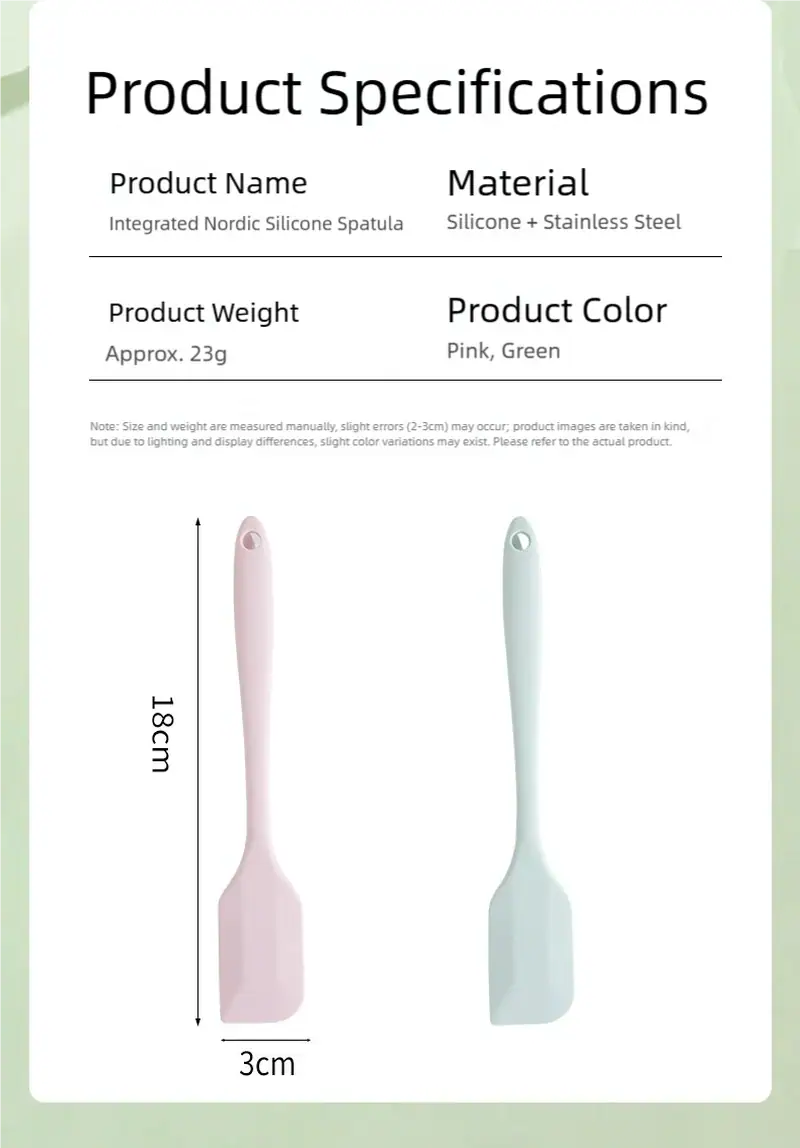Product specifications for the integrated Nordic silicone spatula, including material, weight, and color options in pink and green.
