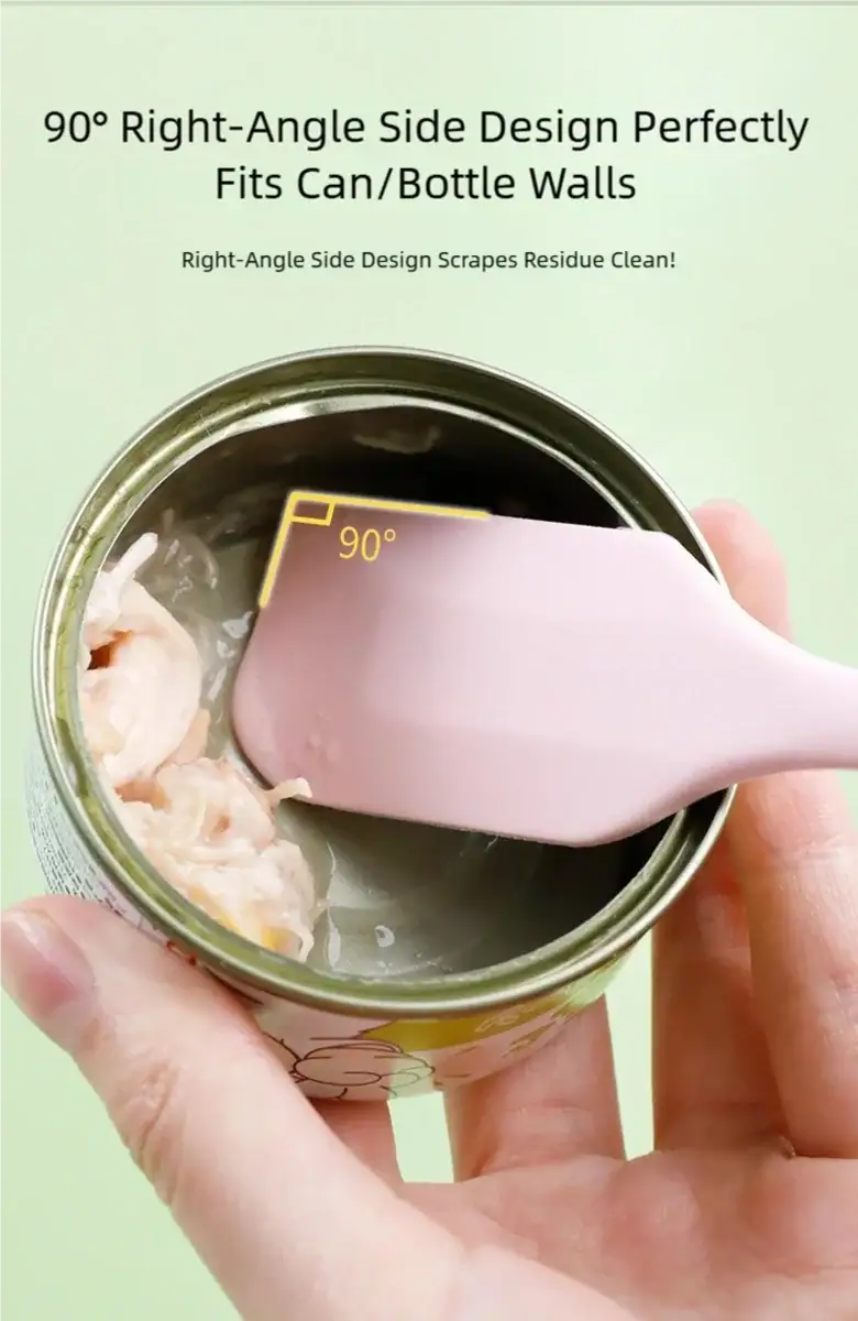 Close-up of a can with a 90-degree right-angle side design that fits can and bottle walls, showing residue cleaning with a spatula.