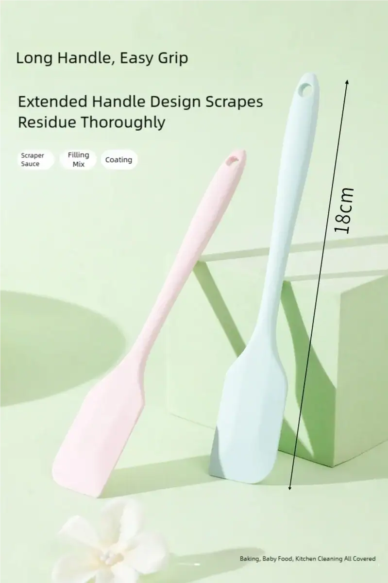 HEOU silicone spatula with long handle and easy grip, ideal for cooking, baking, and residue scraping, measuring 18cm in length.