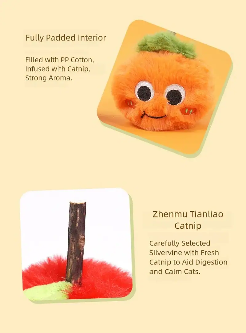 Colorful plush catnip toy with a smiling face, soft padding, and infused with catnip for stimulating play and relaxation.