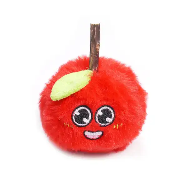 Adorable red plush cherry with a smiling face, big eyes, and a green leaf, perfect as a kawaii accessory or gift.