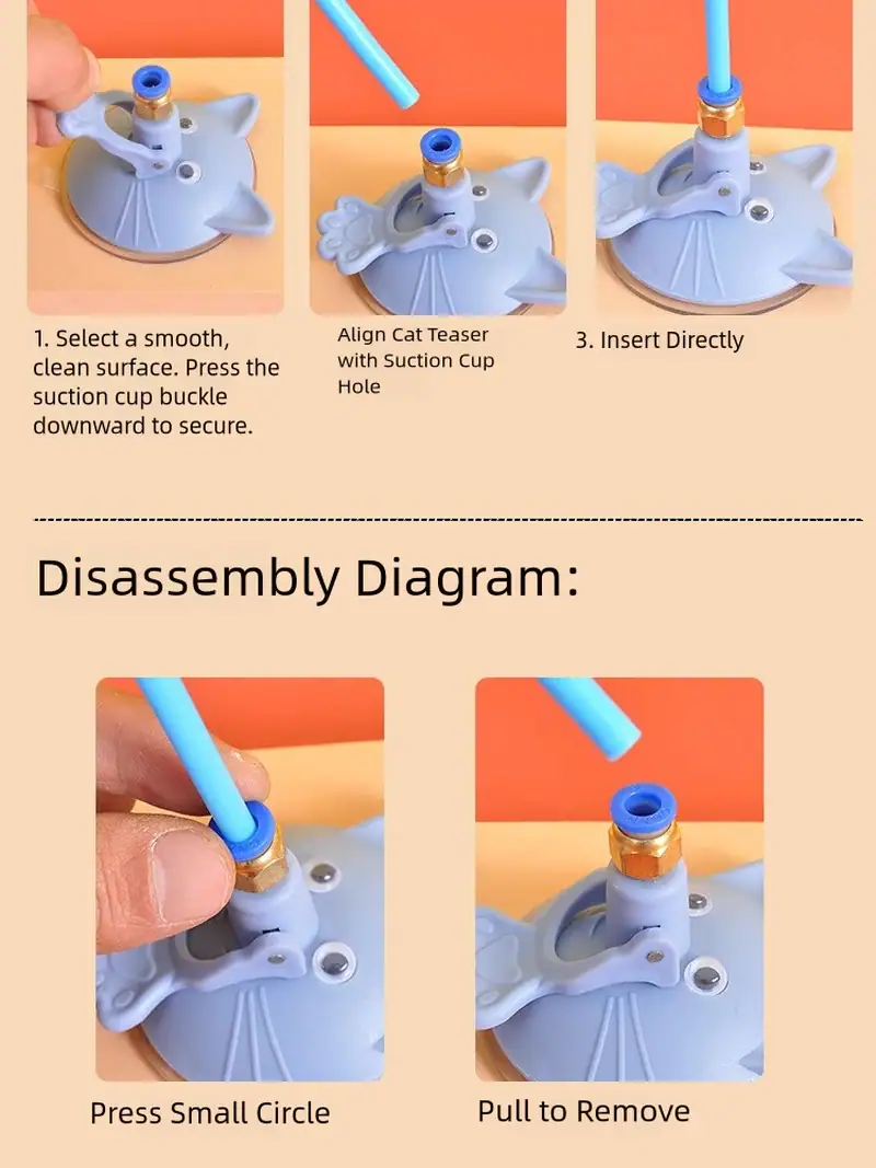 Step-by-step instructions for assembling the HEOU cat teaser toy, including aligning the cup and inserting it directly, with detailed disassembly steps.