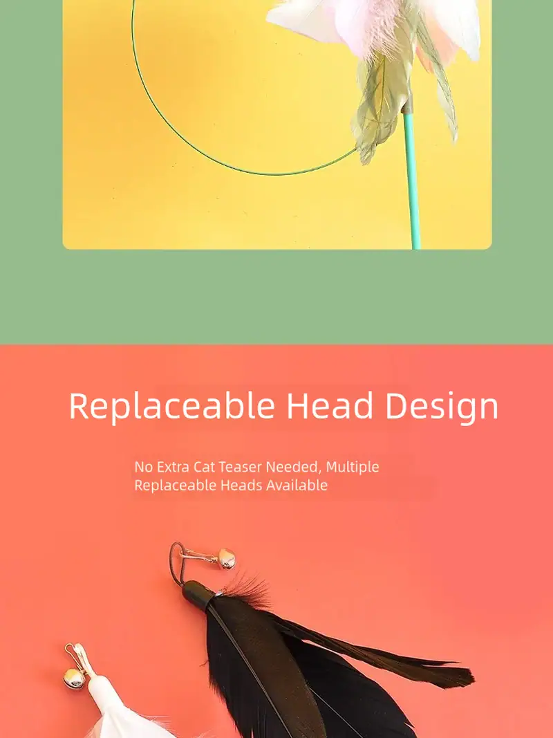 Image showcasing a replaceable head design for cat teaser toys, featuring multiple heads and a colorful background for pet play accessories.