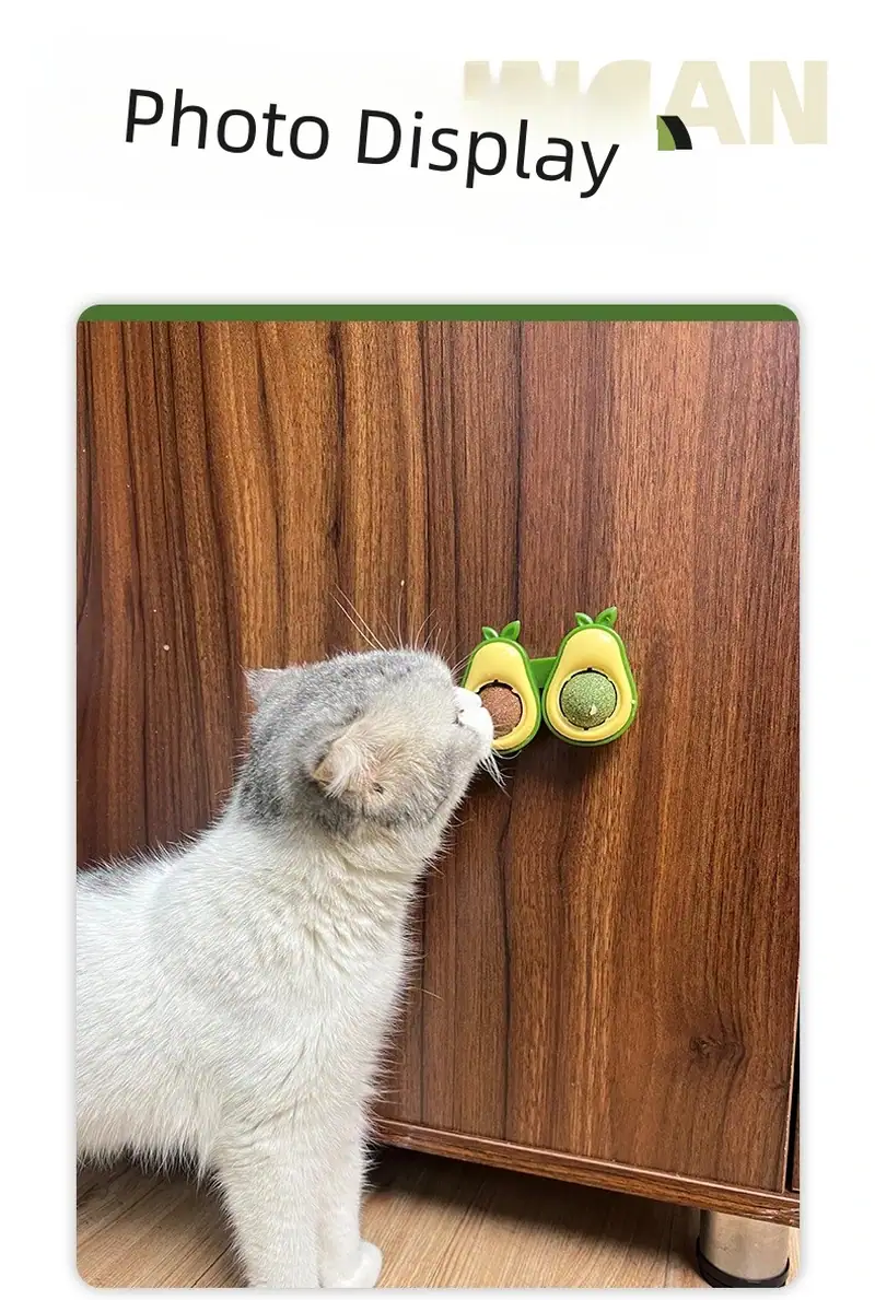 Adorable gray cat sniffing a green avocado-shaped toy on a wooden cabinet, showcasing playful pet accessories.