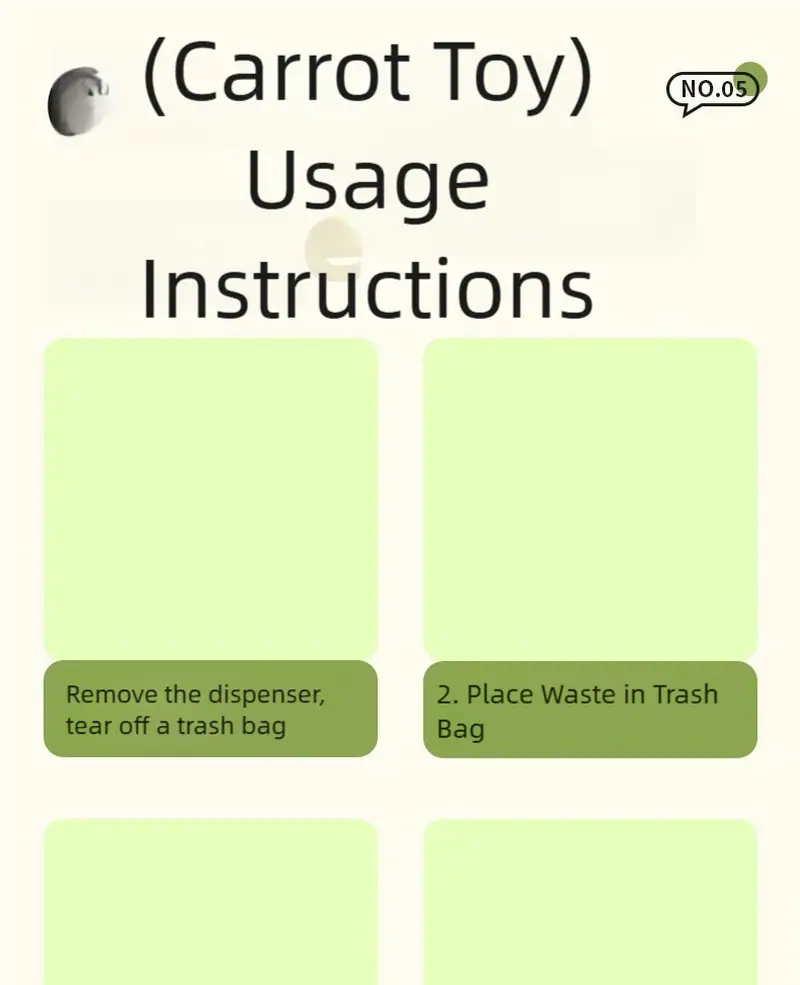 Step-by-step instructions for using the carrot toy, including removing the dispenser and placing waste in a trash bag.