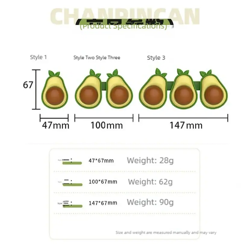 Comparison of avocado sizes with measurements and weights, showing three styles with different dimensions and weights for product specifications.