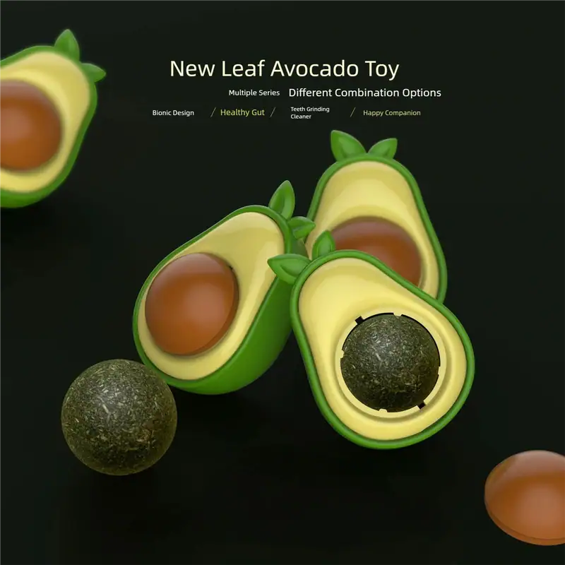 Colorful avocado-shaped toy with a black ball inside, designed for children, promoting healthy teeth and happy play.