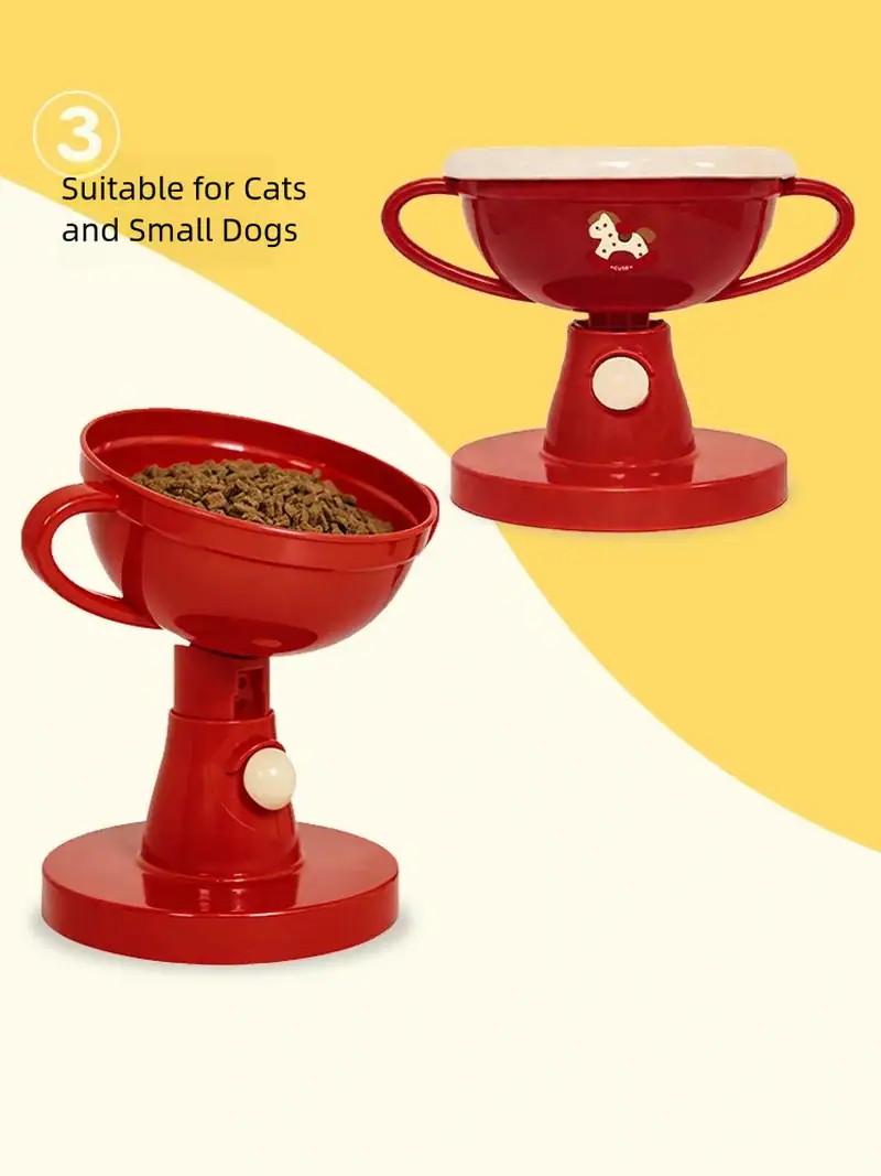Red pet food dispenser with a white dog icon, suitable for cats and small dogs, featuring a bowl and a dispensing mechanism.