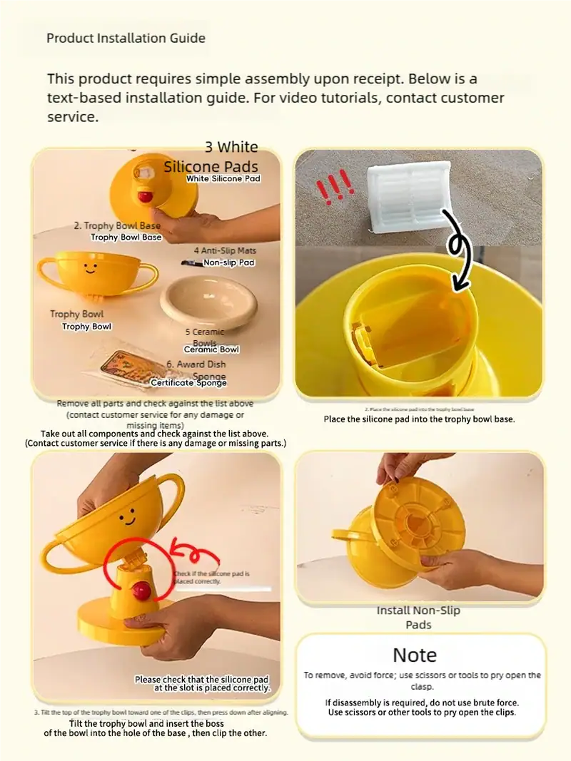 Step-by-step installation of HEOU silicone pads on a trophy bowl base with clear images and instructions for proper setup.