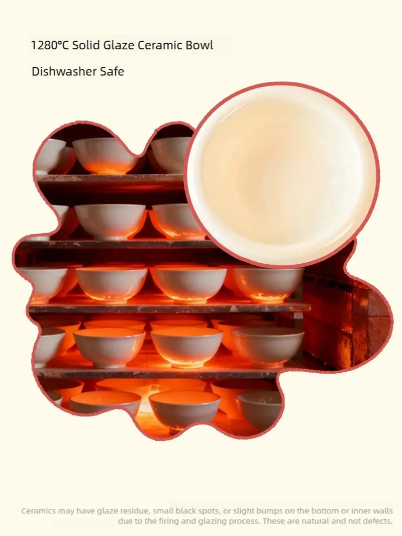 1280°C solid glaze ceramic bowl, dishwasher safe, displayed on a rack with multiple bowls, showcasing durability and quality for kitchen use.