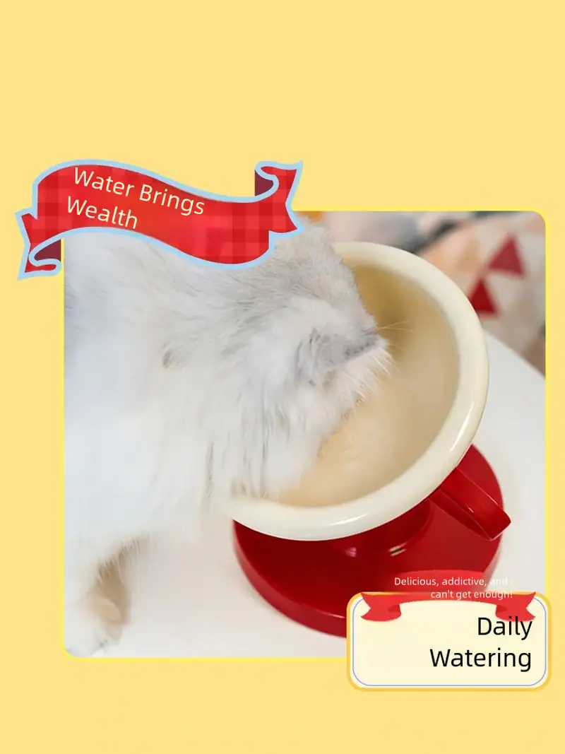 White cat drinking water from a red and white pet water fountain, promoting hydration and health for pets.