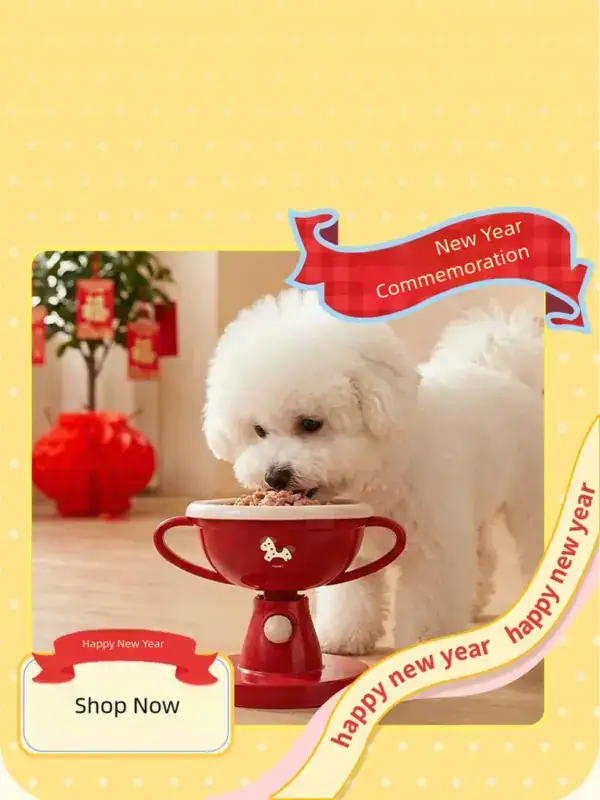 Adorable Bichon Frise puppy drinking from a red cup with New Year decorations in the background, celebrating the new year.