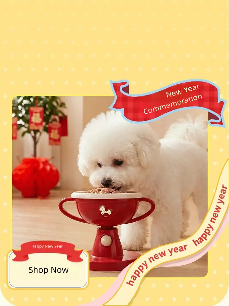 Adorable Bichon Frise puppy drinking from a red cup with New Year decorations in the background, celebrating the new year.