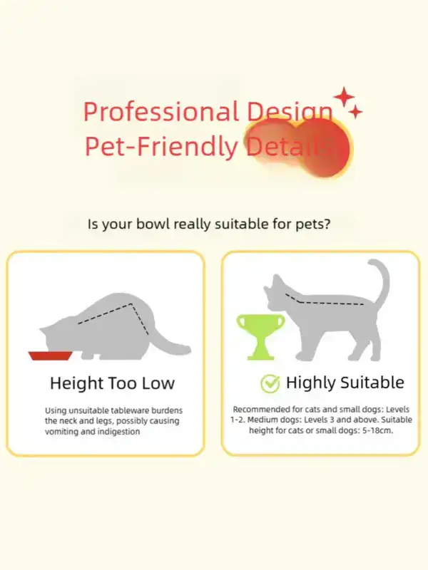 Pet-friendly bowl design suitable for cats and small to medium dogs, ensuring proper height and comfort for pets during feeding.
