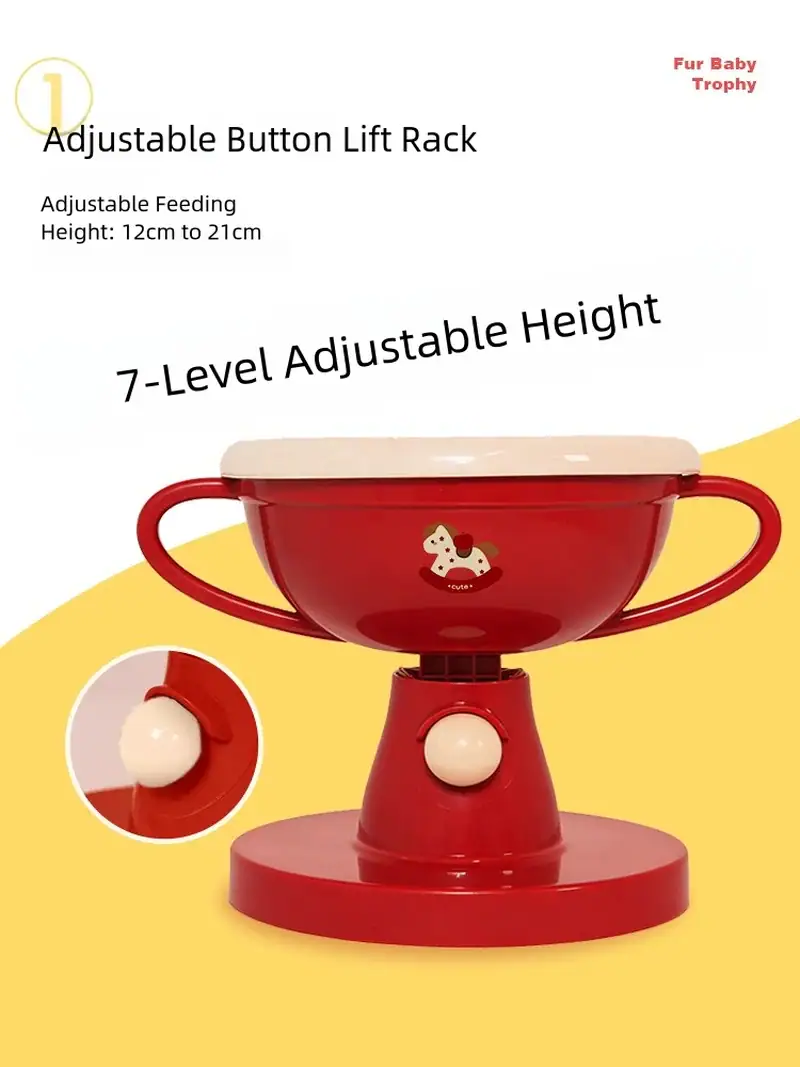 Red baby feeding bowl with adjustable height and 7-level settings, featuring a cute dog design, suitable for children from 12cm to 21cm tall.