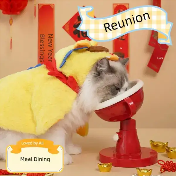Adorable cat dressed in a yellow costume with a red ribbon, drinking from a red bowl during a reunion celebration with festive decorations.