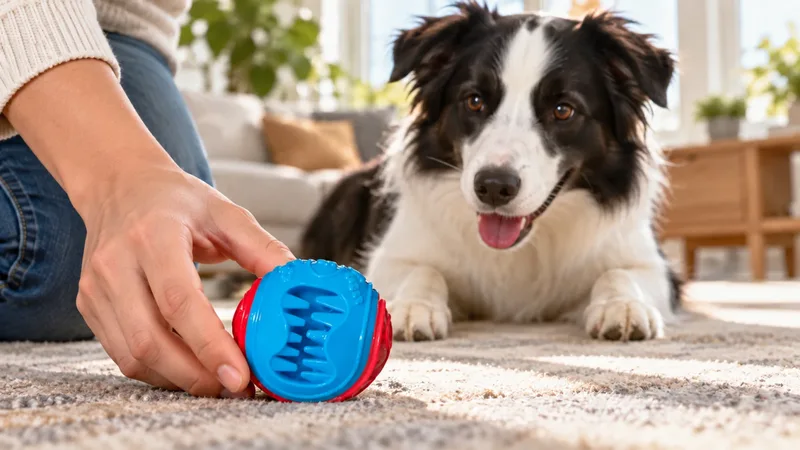 Owner rolling a blue treat dispensing ball toy to a border collie at home