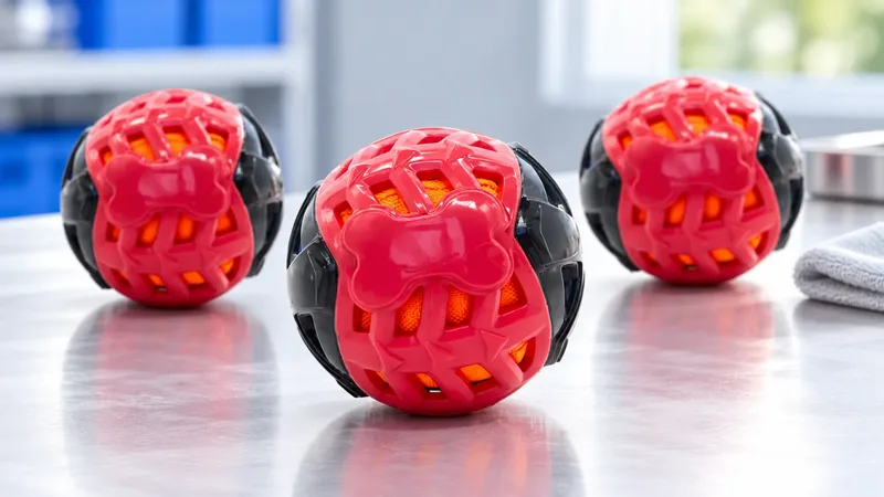 Molded red and black rugby-shaped dog toys on a production table