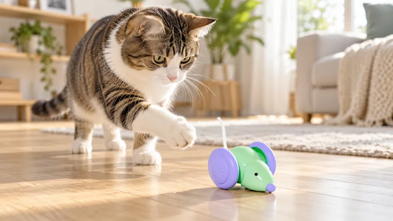 Tabby cat chasing a smart interactive mouse car toy on a wooden living room floor