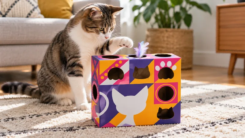 Cat playing with a colorful smart cat puzzle box with a feather teaser on a rug