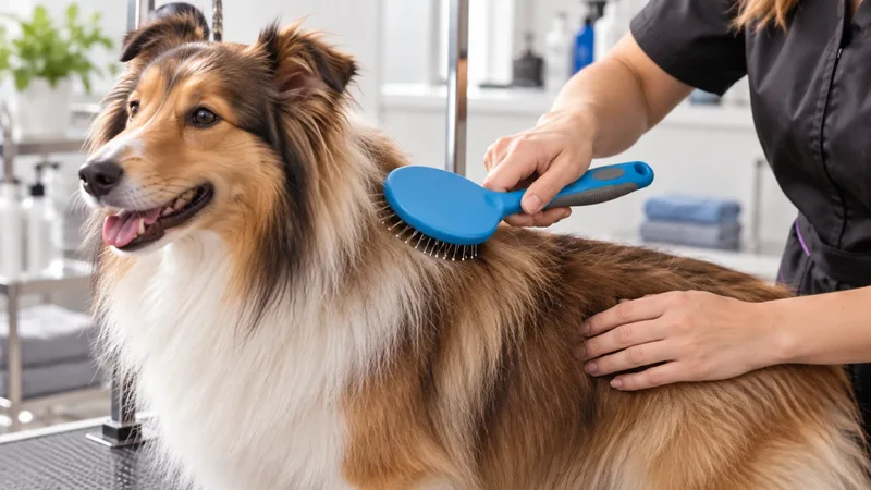 Groomer using a blue slicker brush on a long-coated collie