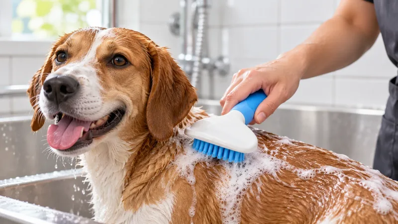 Dog being washed with a blue silicone bath brush in a grooming tub
