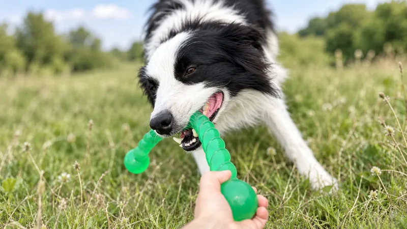 Border collie playing tug with a green TPR twist stick dog toy outdoors