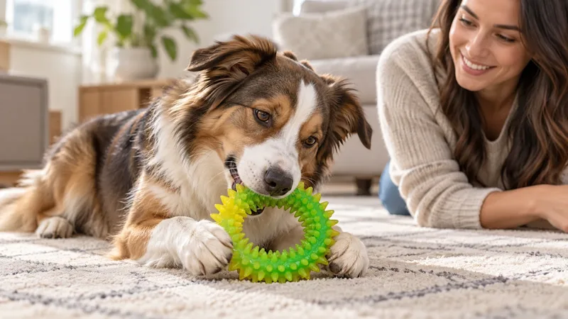 Dog chewing a spiked TPR ring toy on a rug next to its owner
